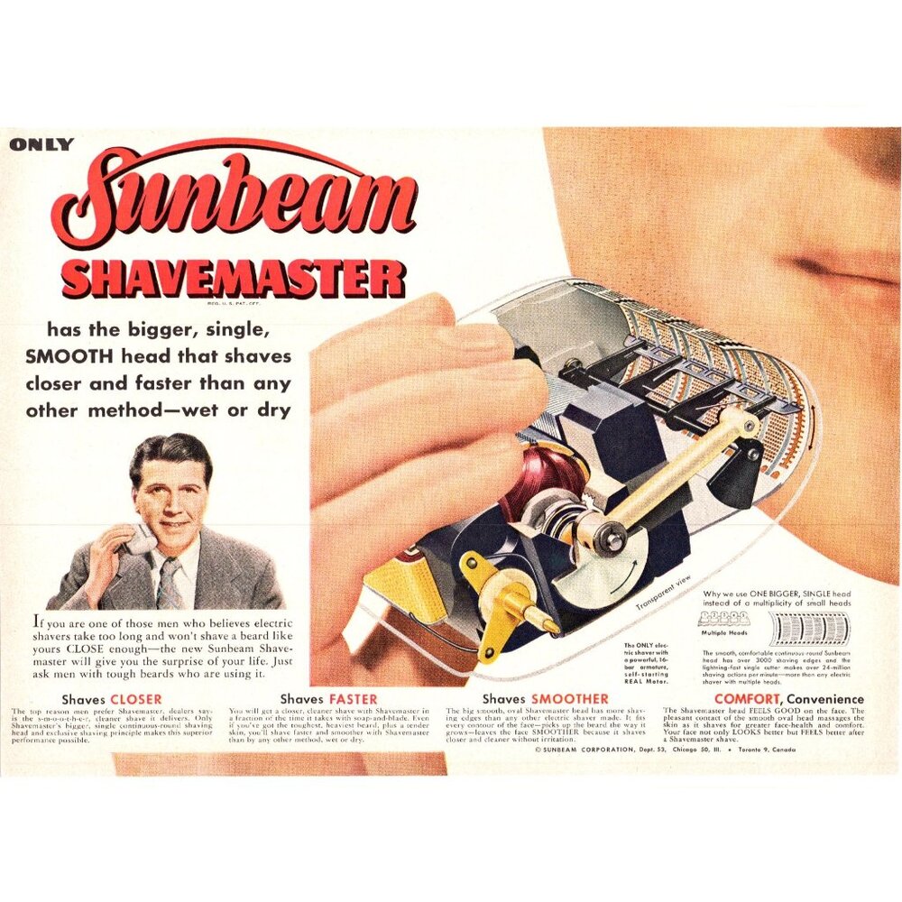 1952 Sunbream Shavemaster Electric Razor Shaver Vintage Print Ad 50s Wall Art